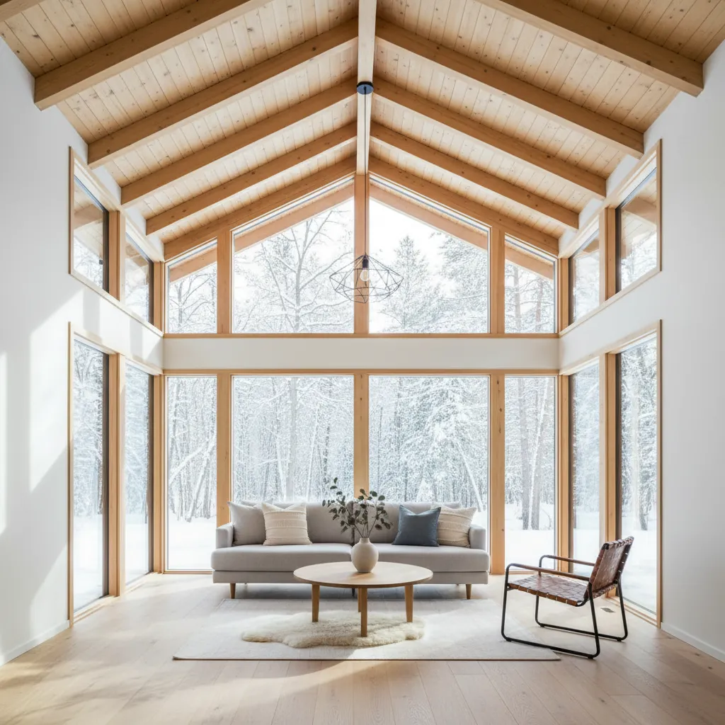Interior luminoso de casa pequeña con techo alto y ventanas grandes