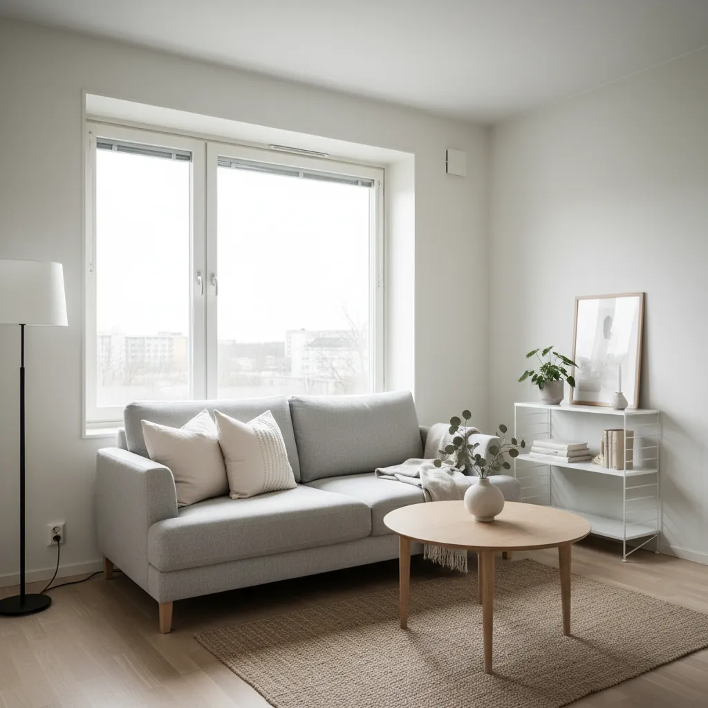 Interior luminoso de casa pequeña con decoración minimalista