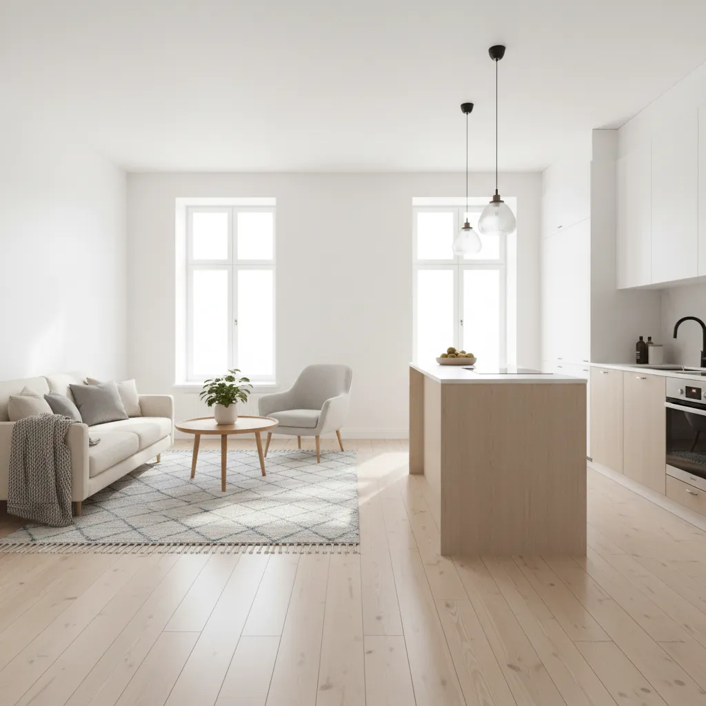 Interior de casa pequeña con salón y cocina abiertos