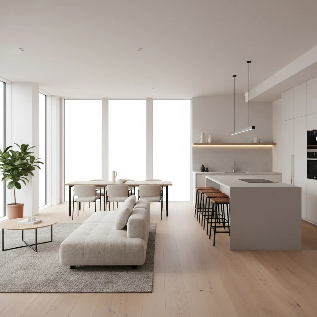 Interior moderno de casa pequeña con sala y cocina abiertas