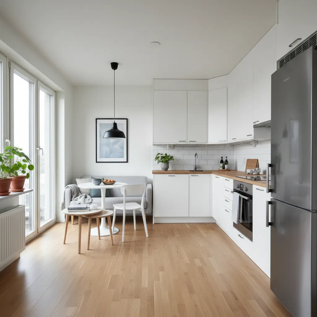 Interior de casa pequeña con sala y cocina abierta