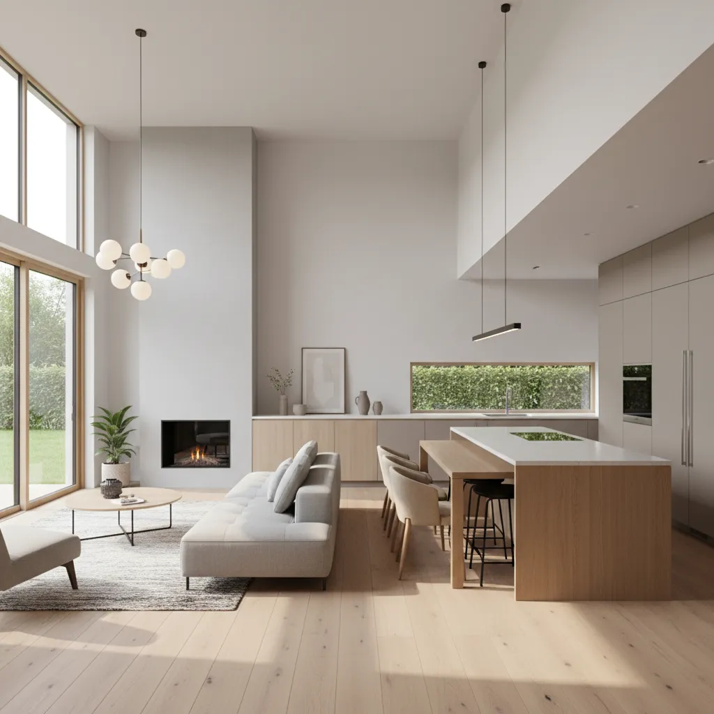 Interior de casa pequeña moderna con sala comedor y cocina abierta