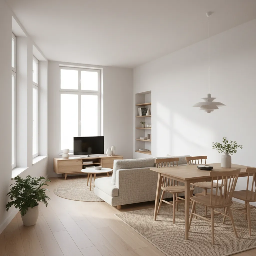 Sala y comedor integrados en una casa pequeña de 80 metros cuadrados