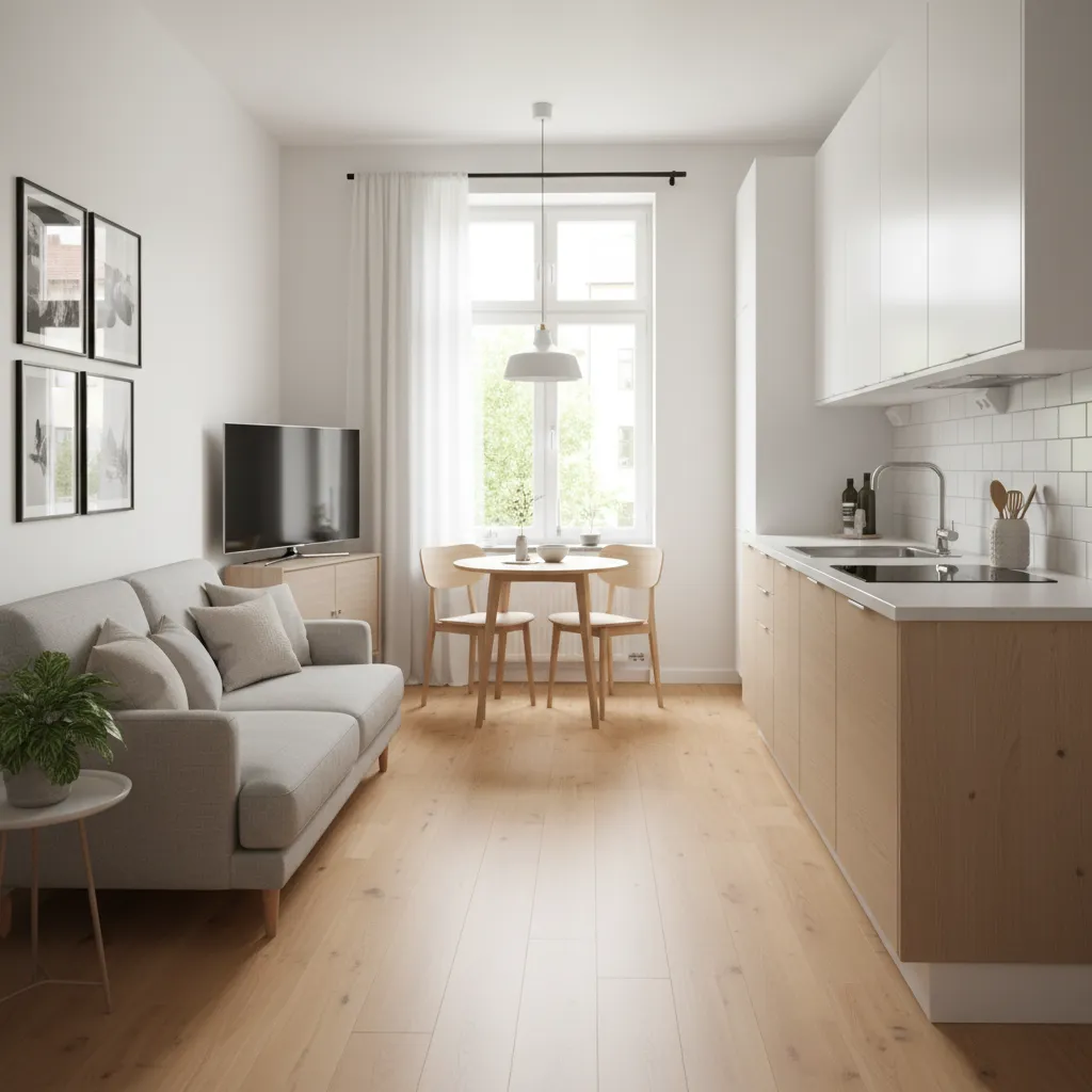 Interior de casa pequeña con salón y cocina abierta