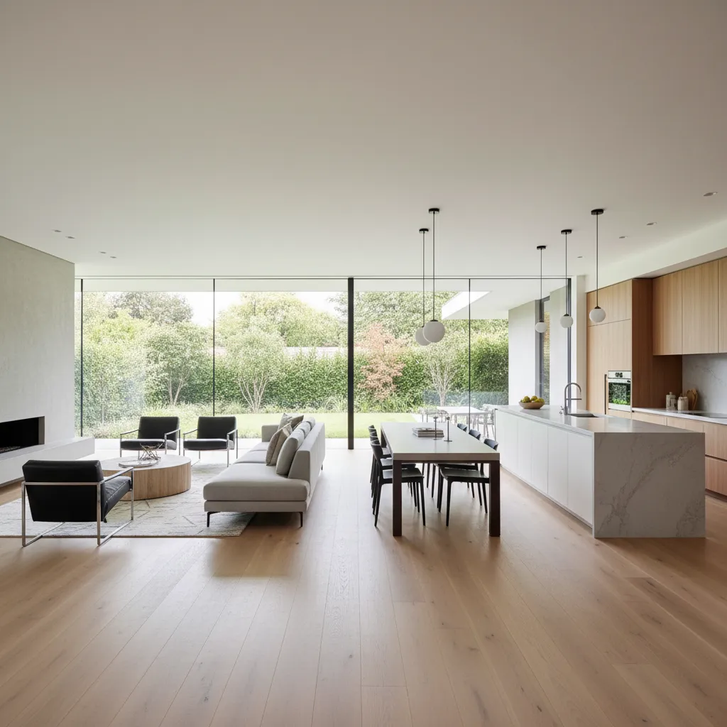 Modern open living room with grey sofa black chairs wooden floor white kitchen and large windows