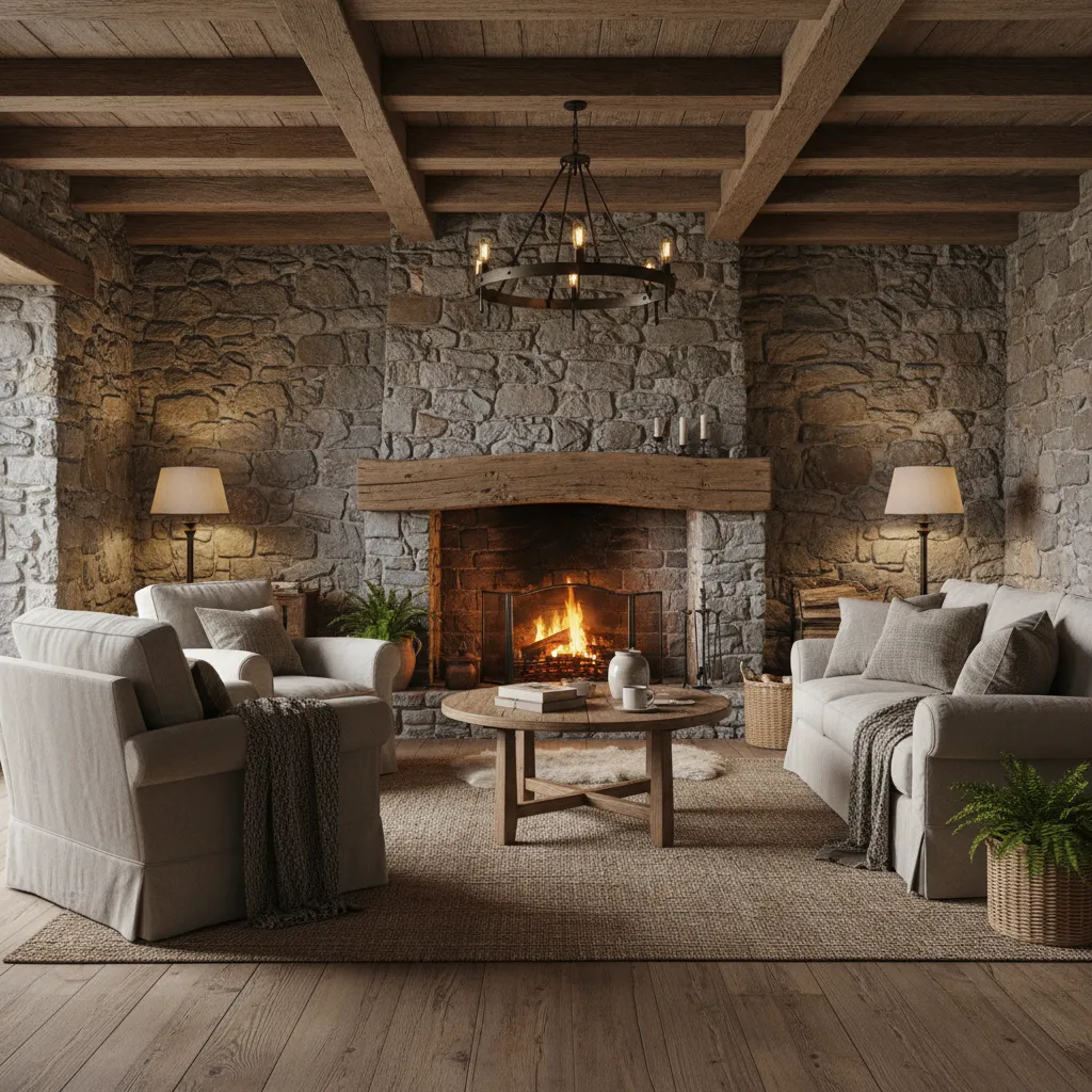 Interior de casa rústica con muro de piedra y vigas de madera