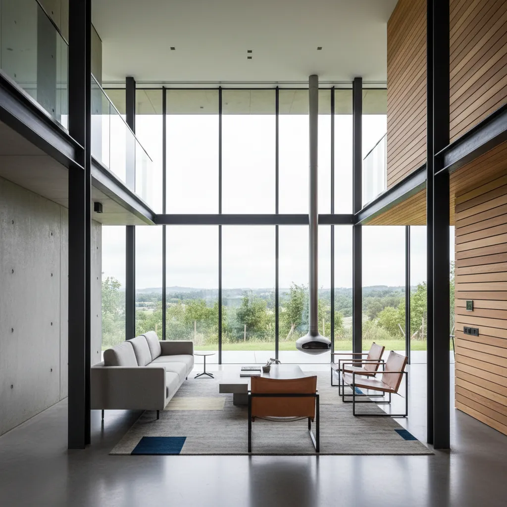 Interior moderno con grandes ventanales en una casa de acero