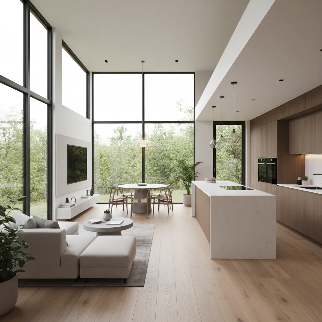 Interior moderno de casa prefabricada con salón abierto y cocina integrada