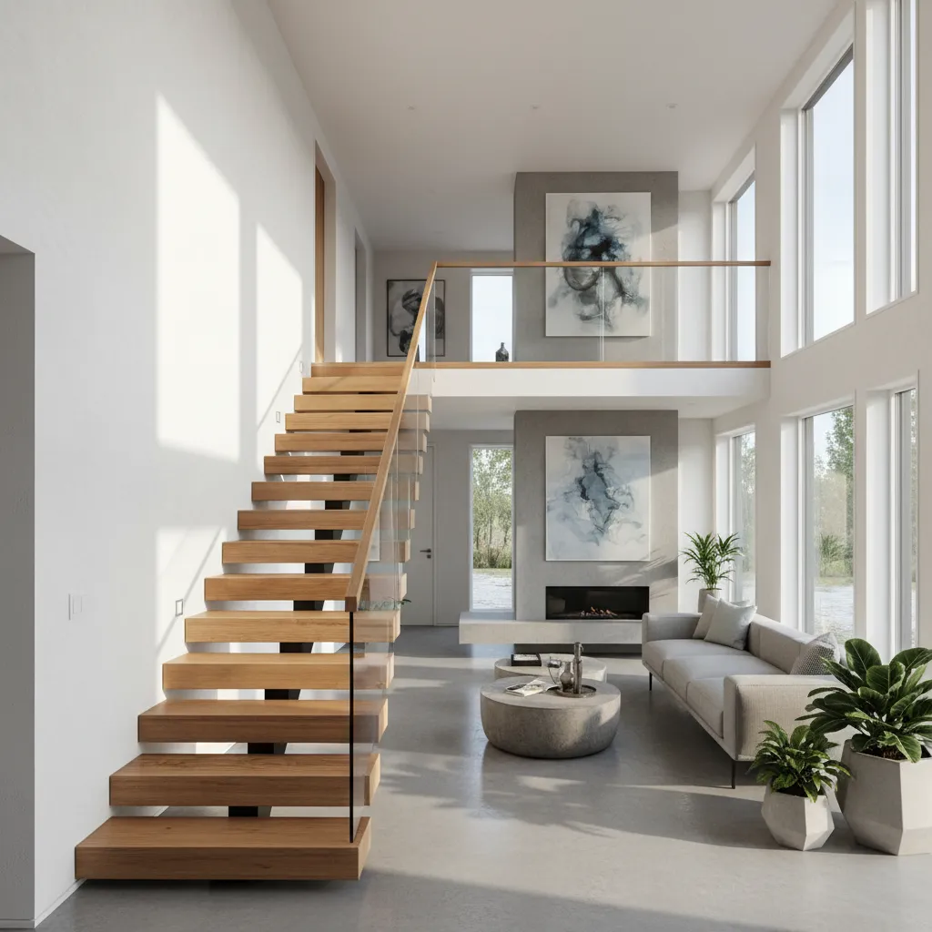 Interior de casa prefabricada moderna con escalera abierta y sala luminosa