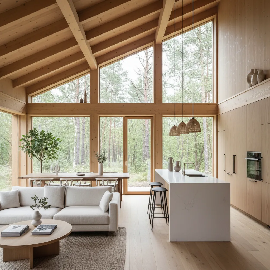 Interior moderno de una casa prefabricada de madera con espacio abierto