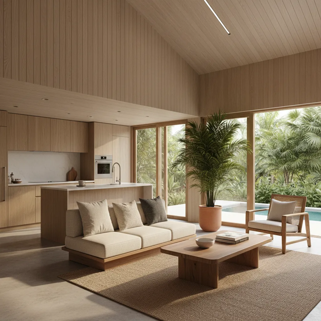 Interior moderno de casa prefabricada con diseño minimalista