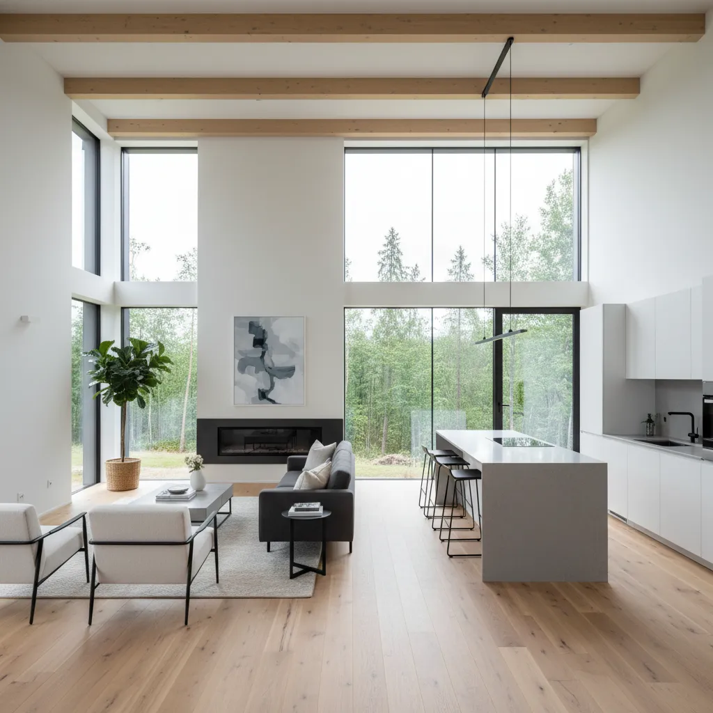 Interior de una casa prefabricada moderna con salón abierto y grandes ventanales