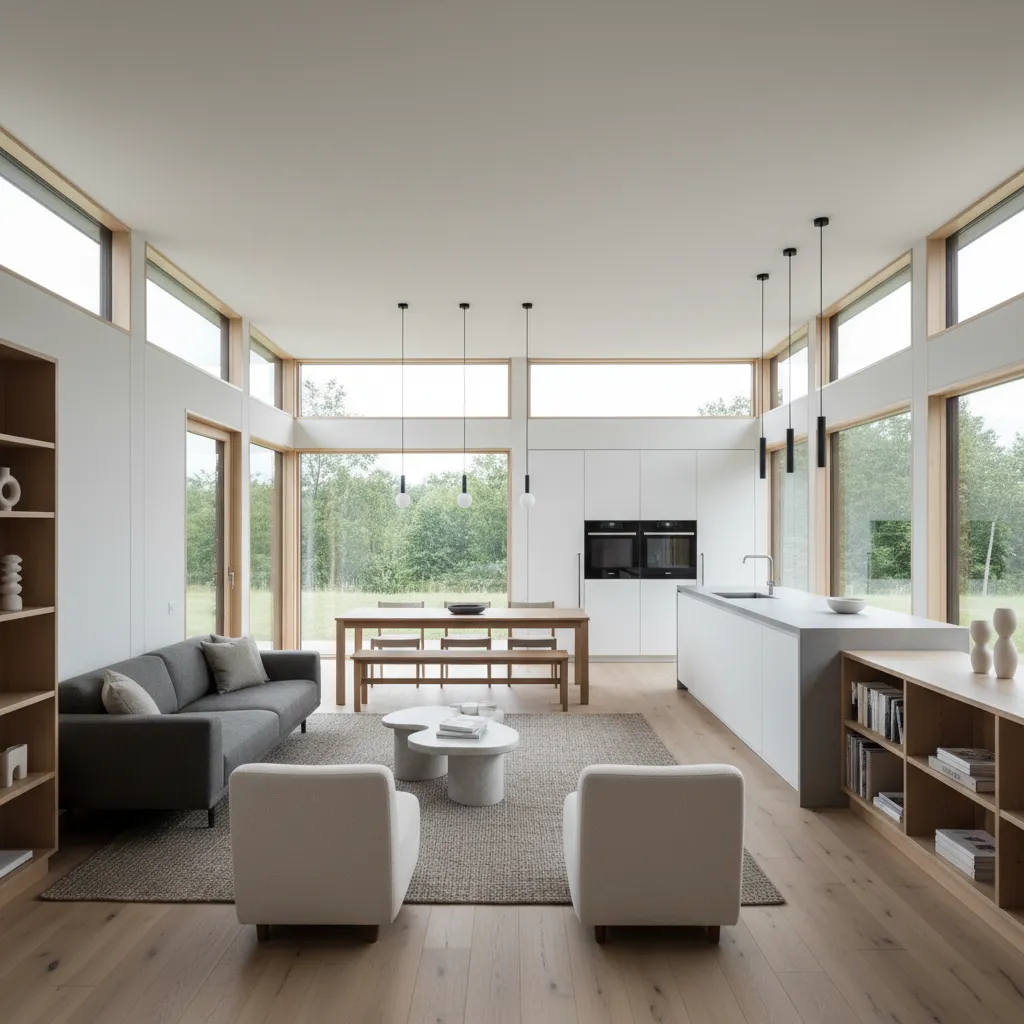 Interior moderno de casa prefabricada con salón abierto y grandes ventanales