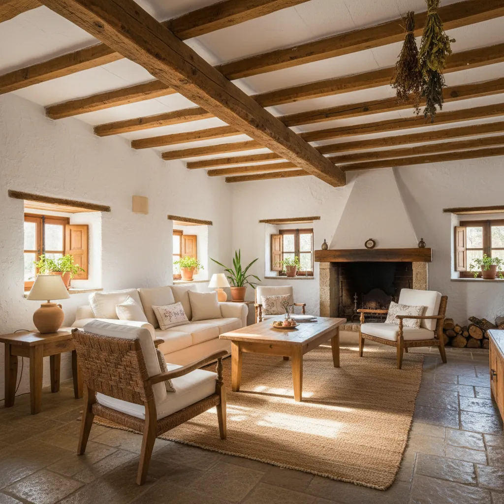 Salón de casa de pueblo con vigas de madera y paredes blancas