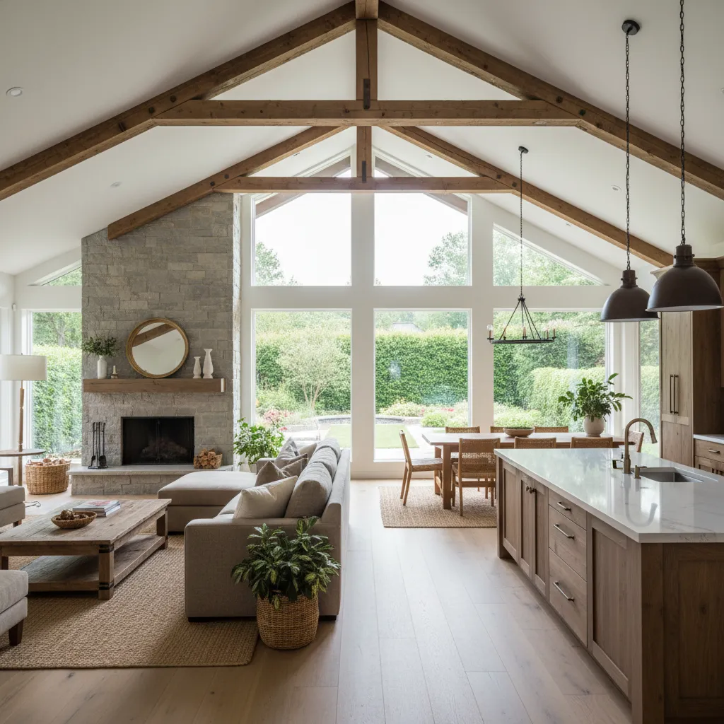 Interior de casa estilo rancho con cocina y sala en espacio abierto