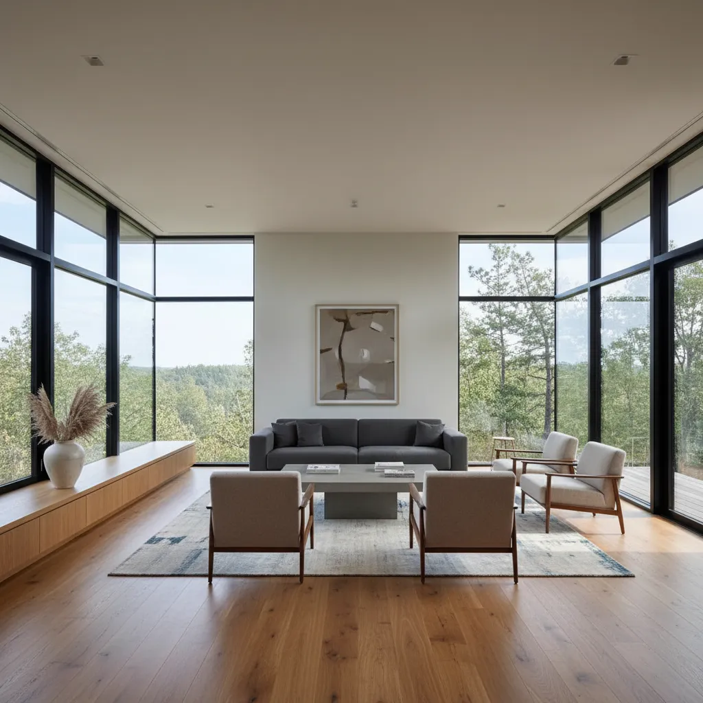 Interior moderno de casa rectangular con grandes ventanales