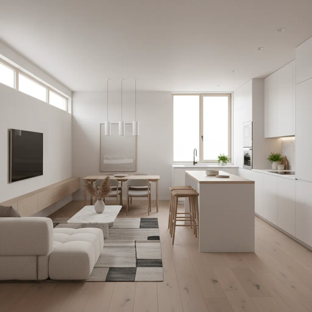 Interior de casa rectangular pequeña con salón y cocina abiertos
