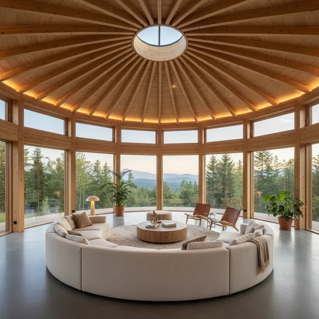 Interior amplio de casa circular de madera con salón central