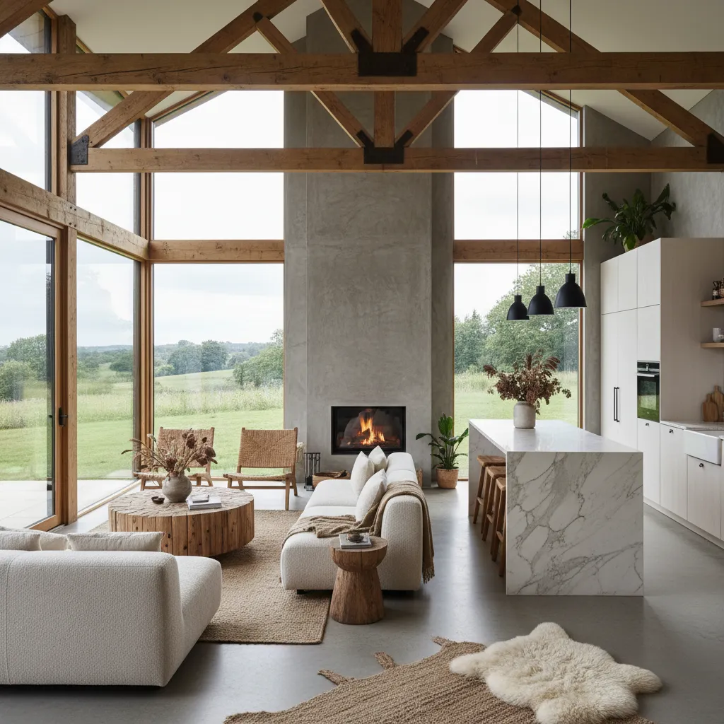 Interior abierto de salón y cocina en casa rural pequeña