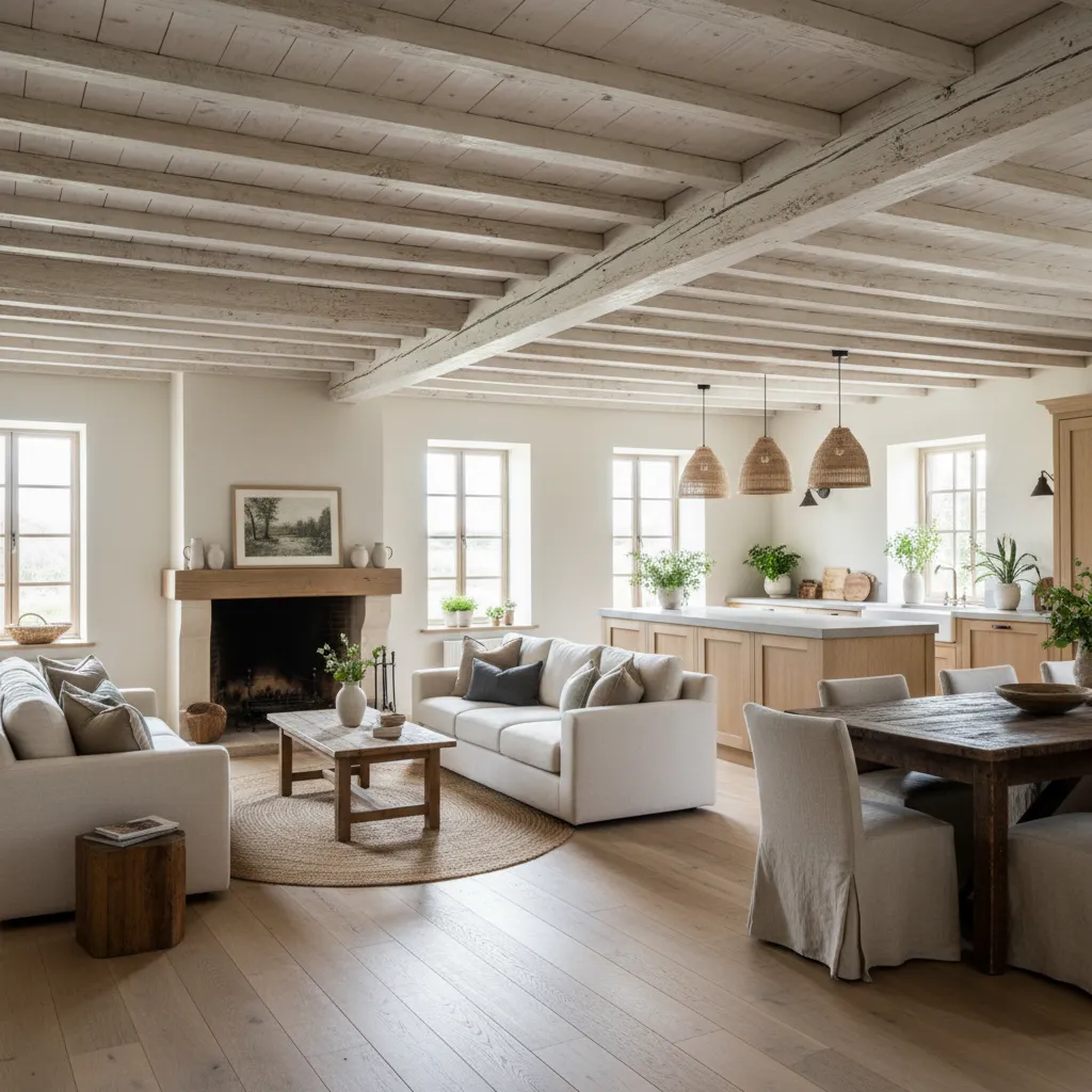 Interior de casa rural pequeña con cocina y salón en espacio abierto