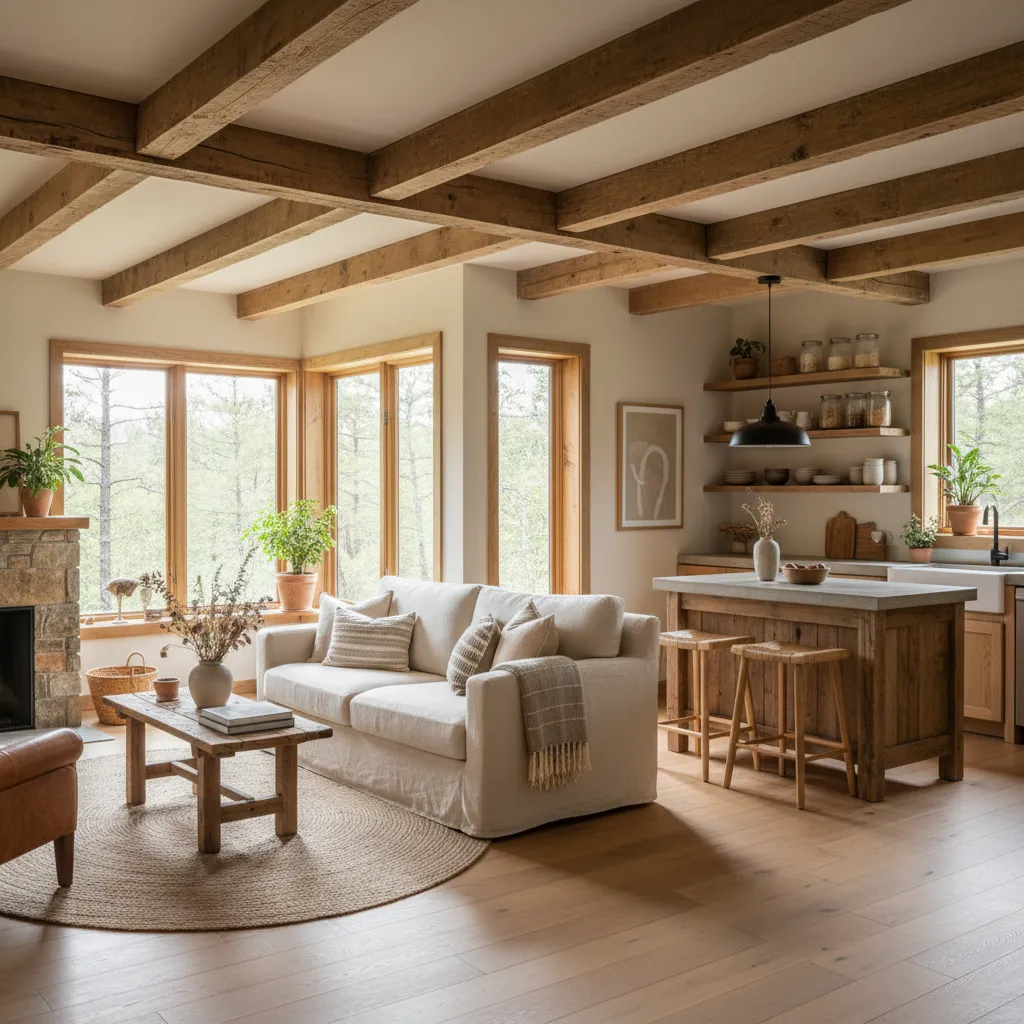 Interior de casa rústica pequeña con salón y cocina abiertos