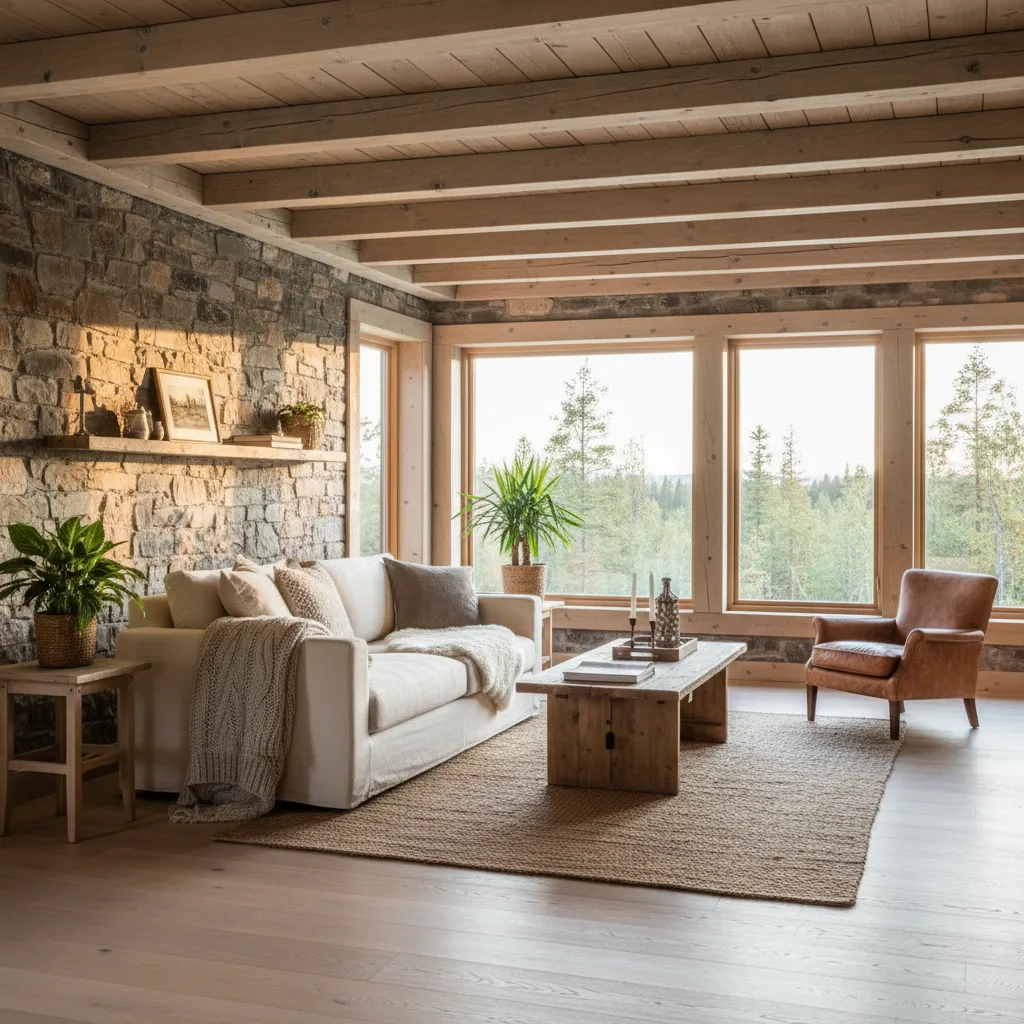 Interior de sala rústica pequeña con madera clara y mucha luz natural