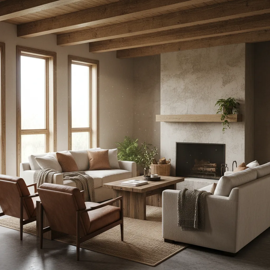 Interior de salón rústico pequeño con madera y mucha luz natural