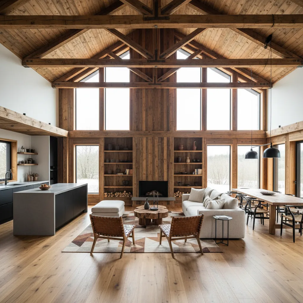 Interior de casa prefabricada rústica con vigas de madera y espacio abierto