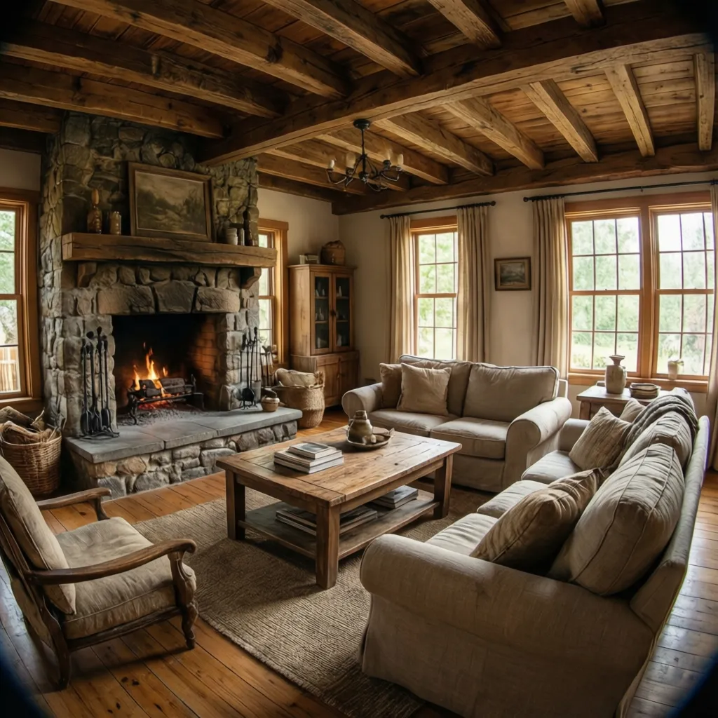 Salón rústico con vigas de madera, chimenea y luz natural
