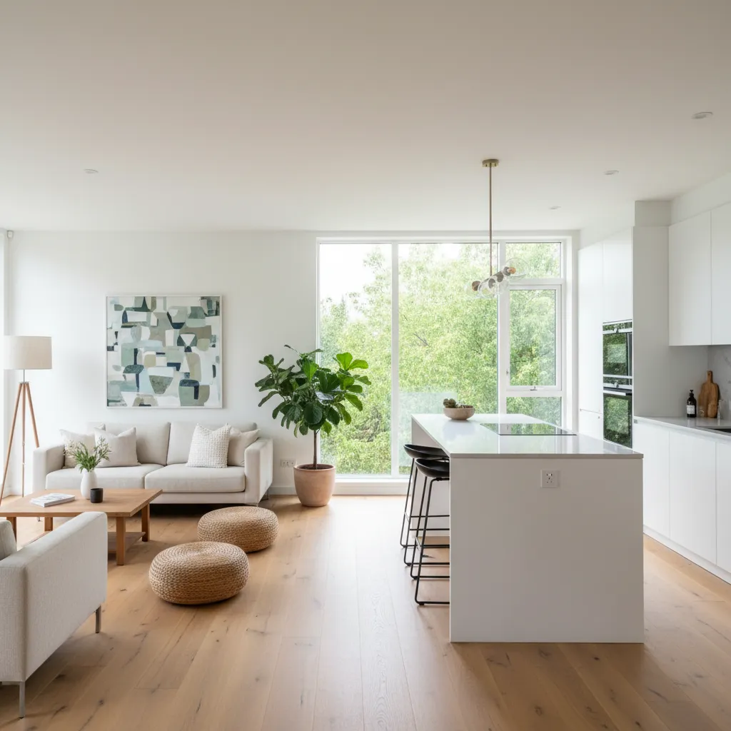 Interior luminoso de una casa sencilla con salón y cocina abiertos