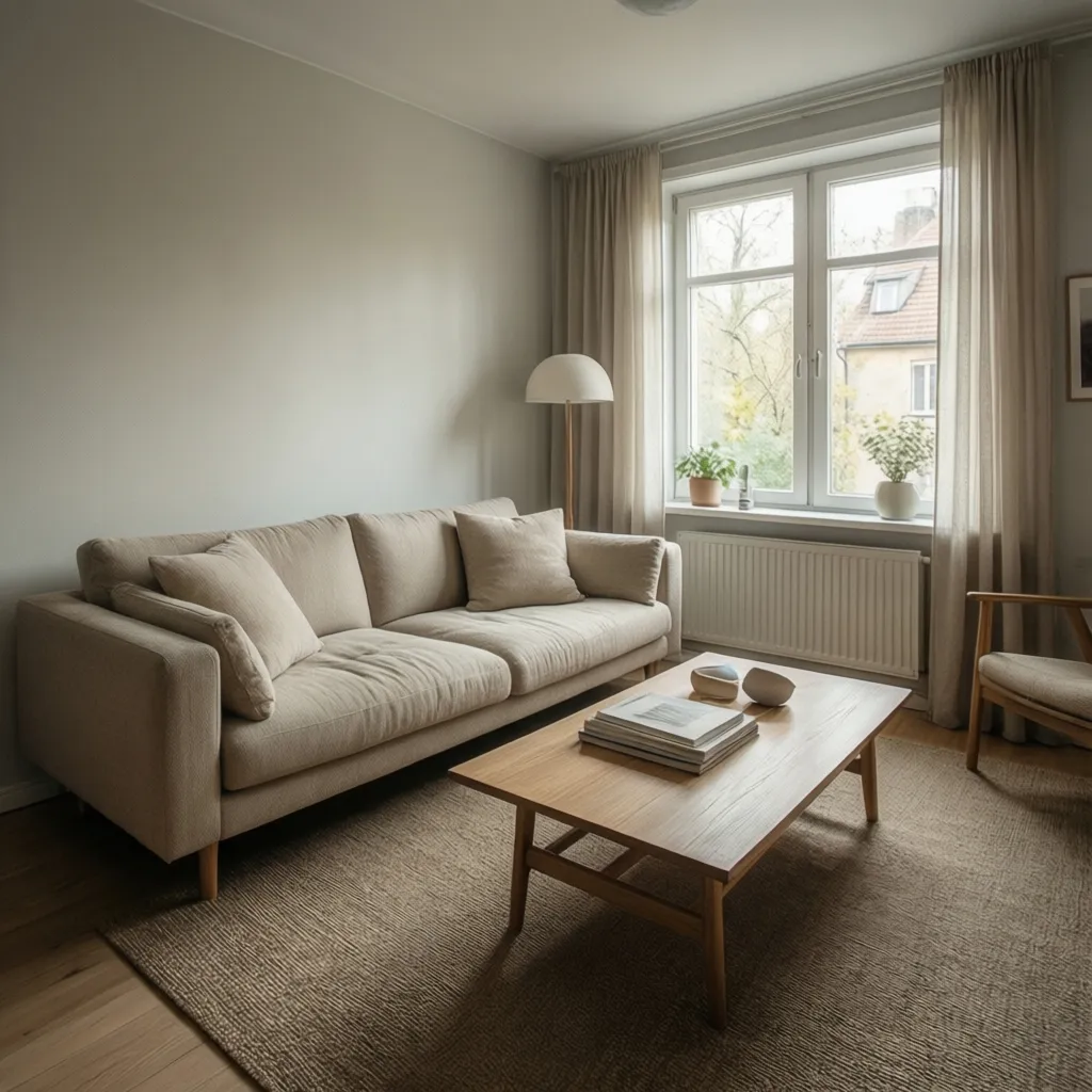 Minimalist living room with beige sofa wooden coffee table large window and light brown curtains