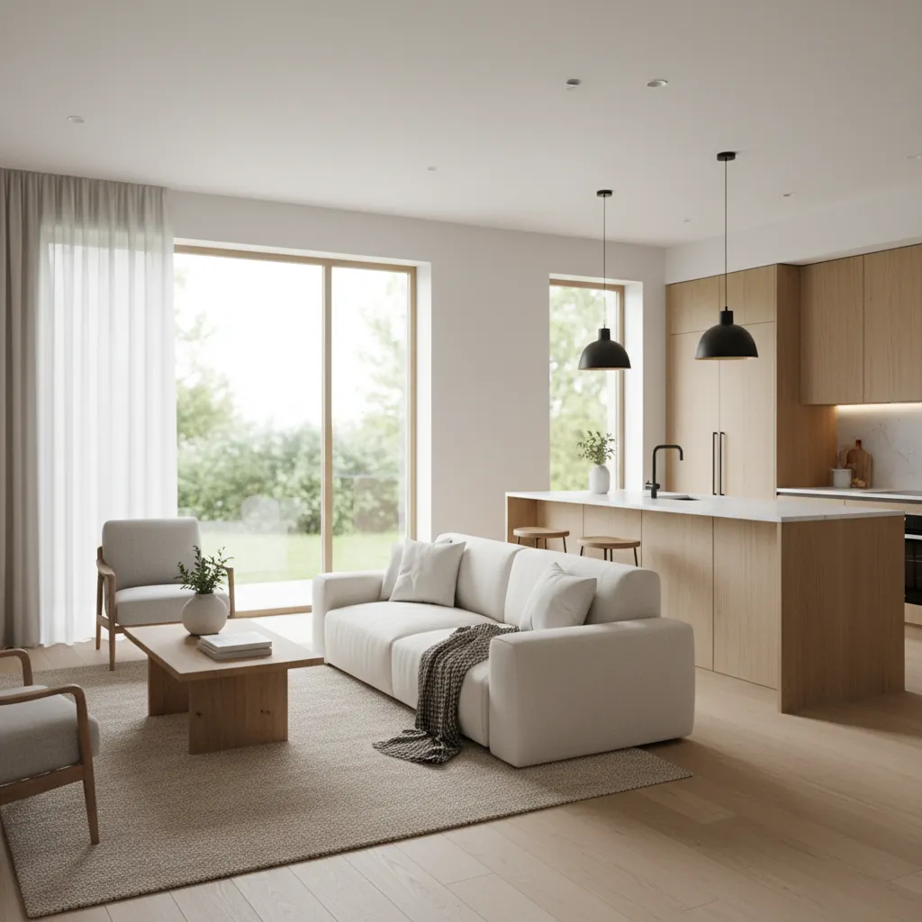 Interior de casa sencilla con cocina abierta al salón