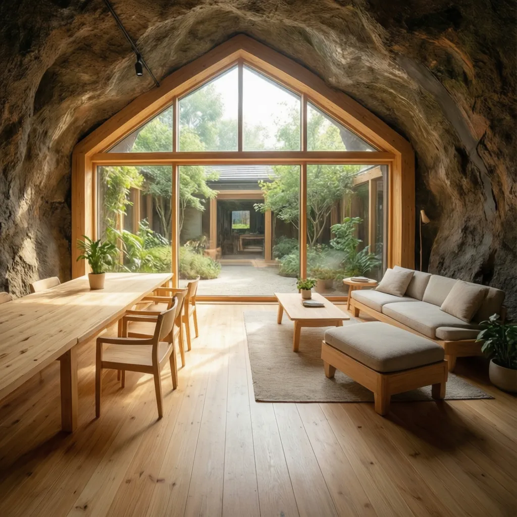 Interior luminoso de casa subterránea con madera clara y grandes ventanales