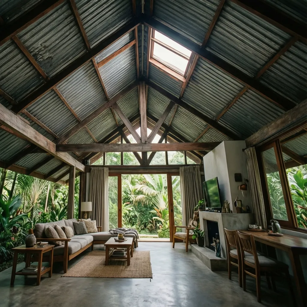 Interior de casa con techo de lámina alto y ventilación natural