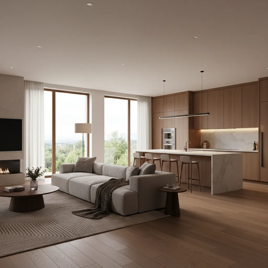 Sala y cocina abiertas en una casa moderna con tres dormitorios