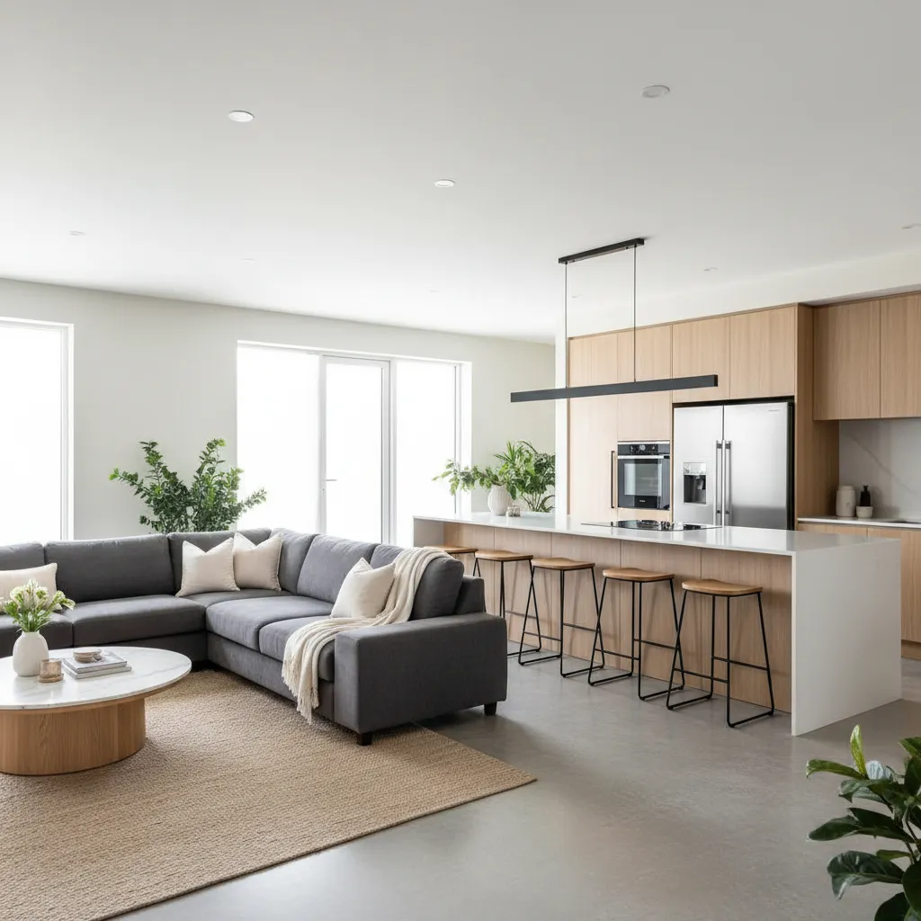 Salón amplio conectado con cocina en casa moderna