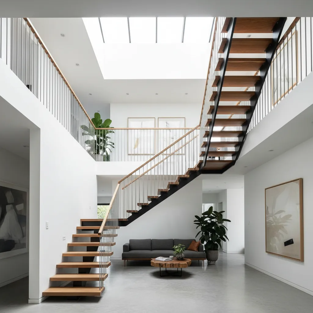 Escalera central moderna dentro de una casa de tres pisos