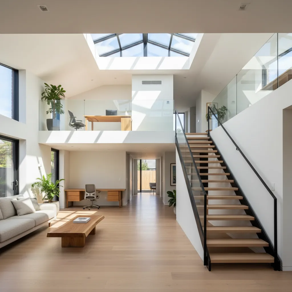 Interior luminoso de una casa de tres plantas con grandes ventanales