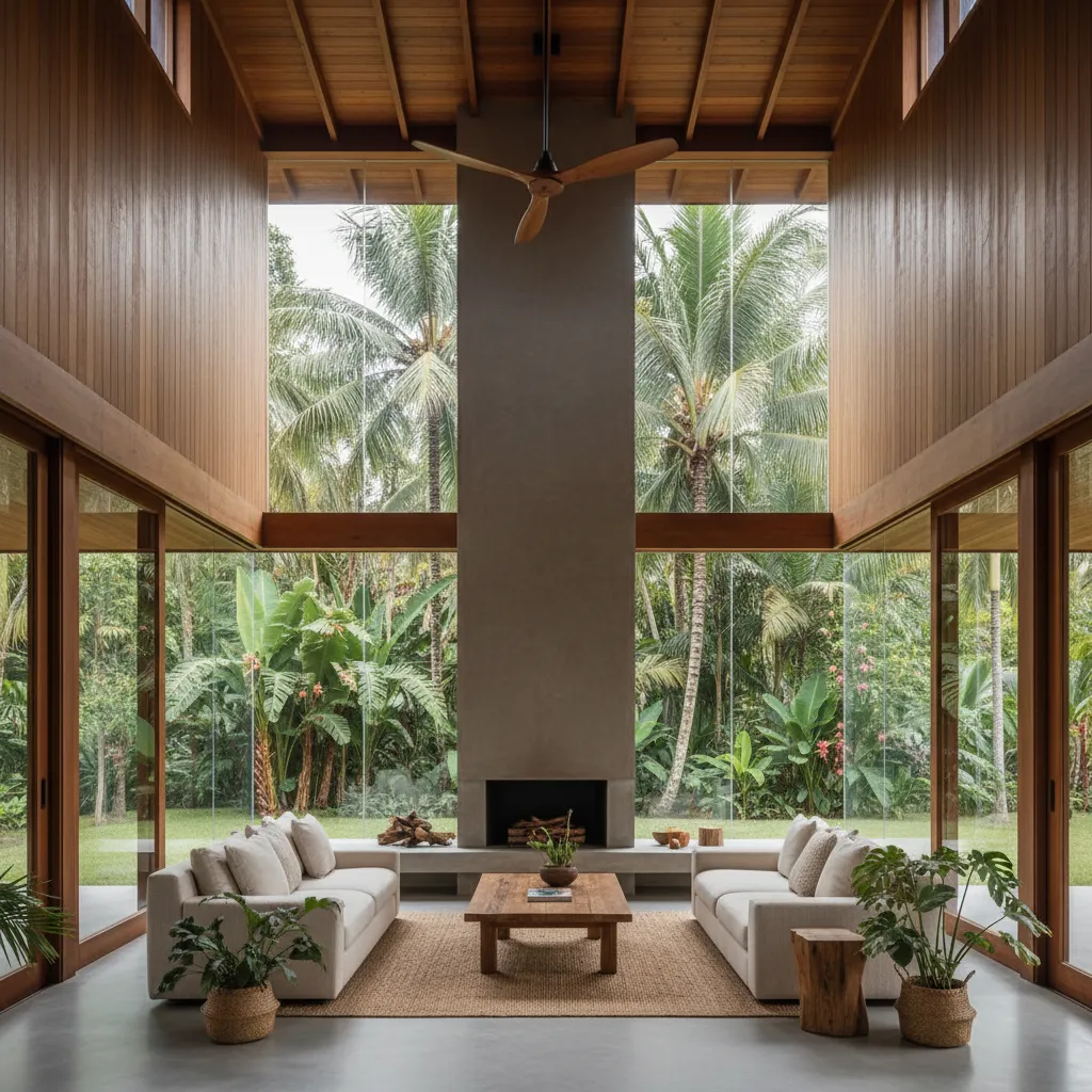 Interior de casa tropical moderna con techo alto