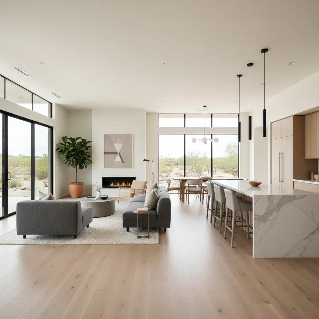 Interior de casa de una planta con salón y cocina abierta