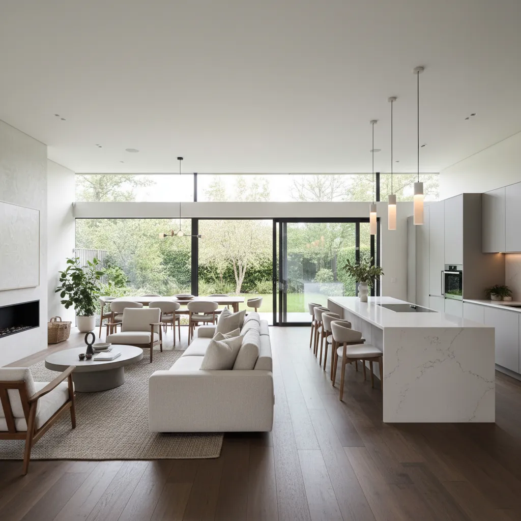 Salón abierto conectado con cocina en casa de una sola planta