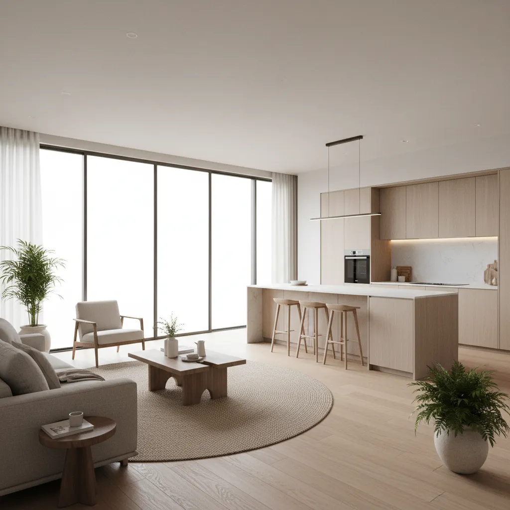 Interior de salón abierto en una casa moderna de una planta