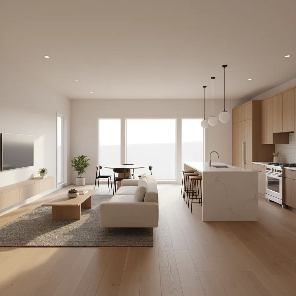 Salón y cocina abierta en casa moderna de una planta