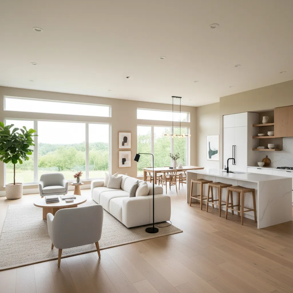 Interior de casa unifamiliar con cocina abierta y salón luminoso