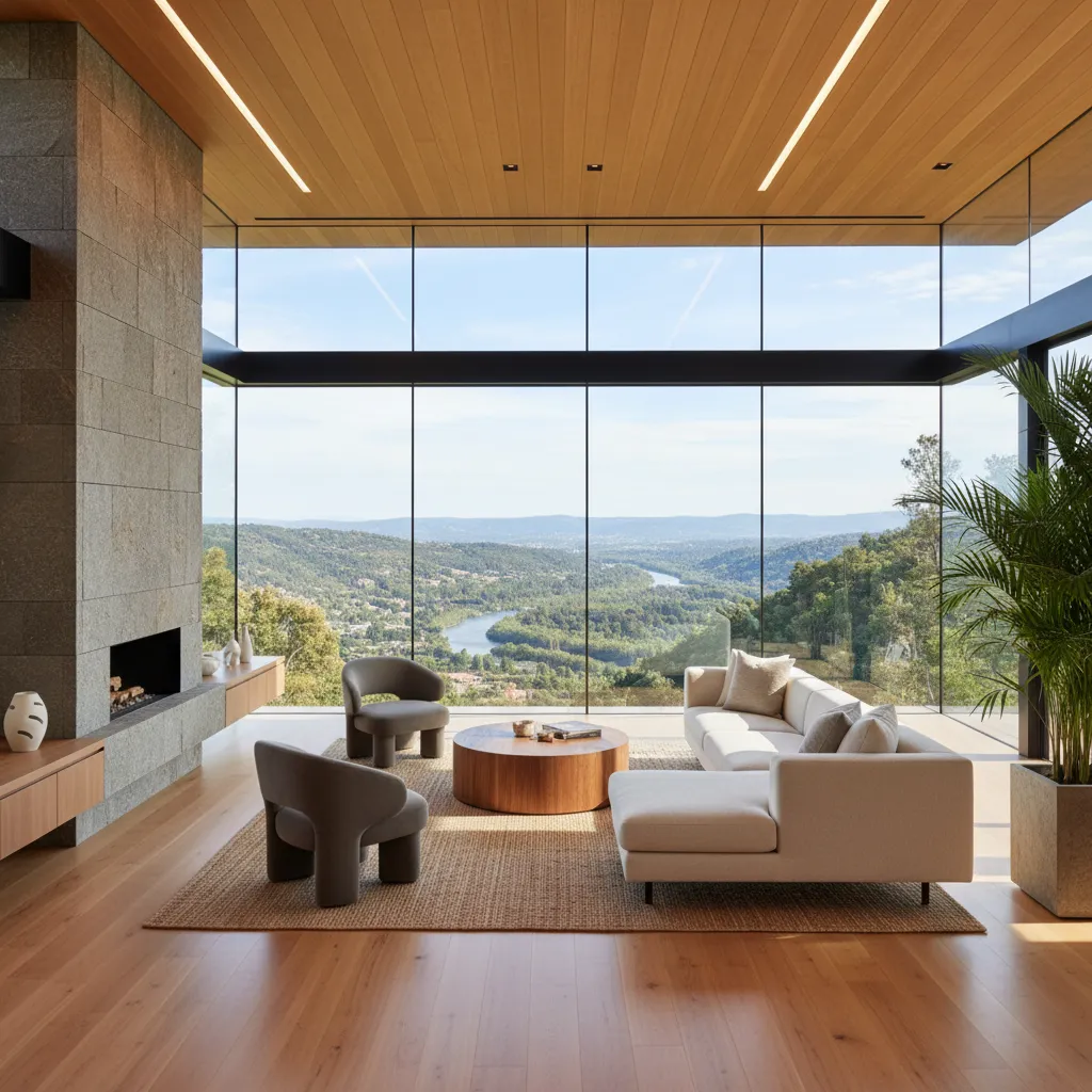 Modern living room with white sofa, grey chairs, fireplace, wooden ceiling, and large river view