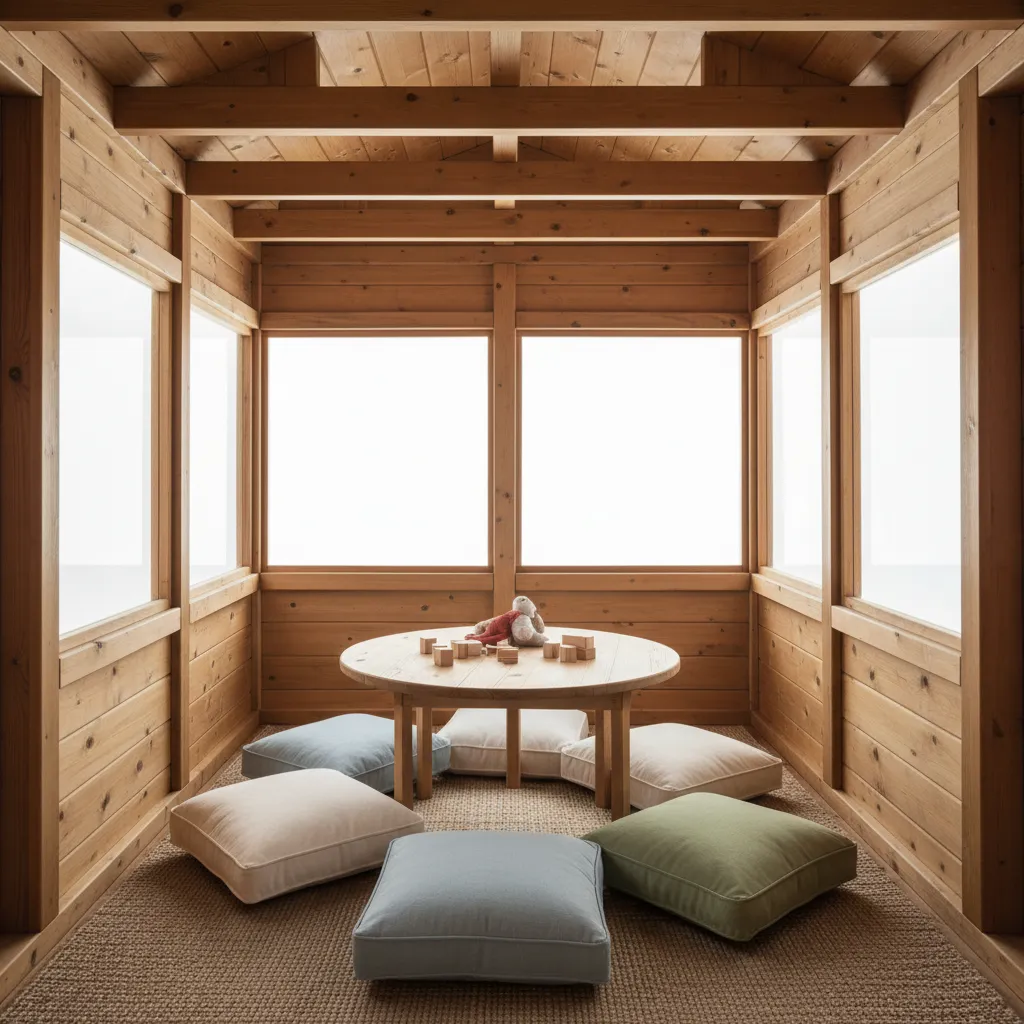Interior de una casa de madera infantil con ventanas grandes y espacio para jugar
