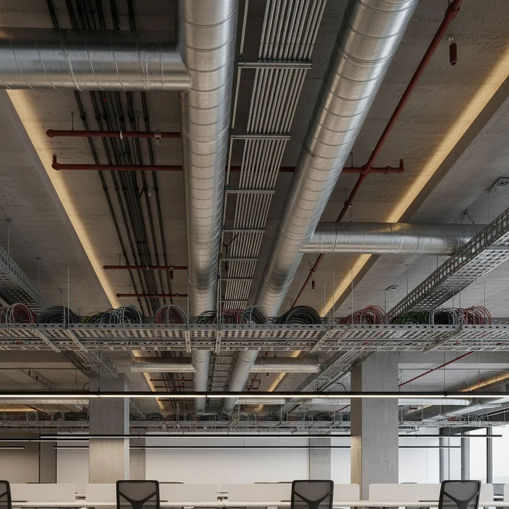 Interior ceiling with exposed HVAC ducts, electrical conduits and sprinkler pipes