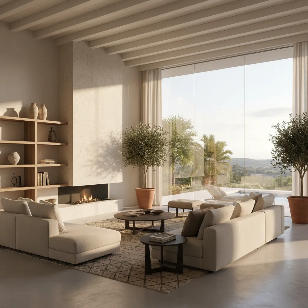 interior de chalet con grandes ventanales y luz natural