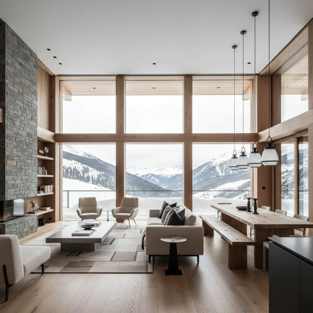 Modern open living room with stone fireplace large windows mountain view and wooden dining table