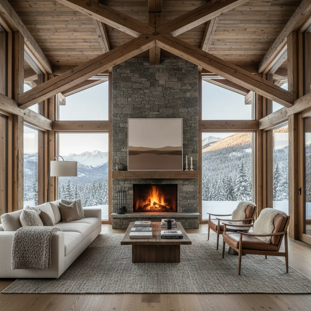 Salón de chalet con techo alto de madera y chimenea